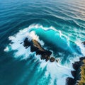 image drone top view of seascape ocean wave crashing rocky cliff with sunset at the horizon as Beautiful coastal