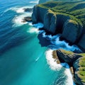 image drone top view of seascape ocean wave crashing rocky cliff with sunset at the horizon as Beautiful coastal