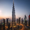 Dubai downtown - modern city center skyline with luxury and famous skyscrapers, United Arab Emirates made