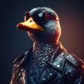 Image of a duck wore sunglasses and wore a leather jacket on clean background. Farm animals. Illustration, Generative AI