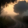 image of an early morning elevated shot of a dirt road winding through overgrown bush. Royalty Free Stock Photo