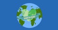 Image of earth day text with globe and heart logo on blue background Royalty Free Stock Photo