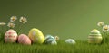 The image of Easter eggs in various colors lying in the grass, surrounded by happy daisies, brings forth the joy of spring Royalty Free Stock Photo