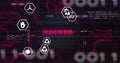 Image of eco icons and data processing over hacked text on black background