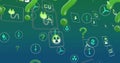 Image of ecology icons and question marks on green background Royalty Free Stock Photo