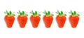 image with ed ripe strawberries lined up on a white background