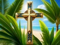 Palm Sunday Radiance: Christian Cross with Palm Leaves