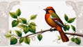 Avian Elegance: Artistic Bird Perched on Vine and Leaves