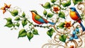Avian Elegance: Artistic Bird Perched on Vine and Leaves