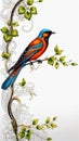 Avian Elegance: Artistic Bird Perched on Vine and Leaves