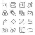 Image Editing icons set vector illustration. Contains such icon as Adjustments, Image Gallery, Camera, Photo, Color and more. Expa