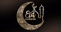 Image of eid mubarak text with crescent moon and mosque in gold on black background