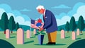 Image of an elderly veteran visiting his fallen comrades graves on Independence Day laying flowers and silently