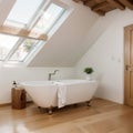 Elegant attic bathroom with stylish bathtub wooden floor and balcony door Royalty Free Stock Photo