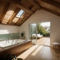 Elegant attic bathroom with stylish bathtub wooden floor and balcony door Royalty Free Stock Photo