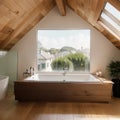 Elegant attic bathroom with stylish bathtub wooden floor and balcony door