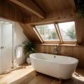 Elegant attic bathroom with stylish bathtub wooden floor and balcony door Royalty Free Stock Photo