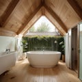 Elegant attic bathroom with stylish bathtub wooden floor and balcony door Royalty Free Stock Photo