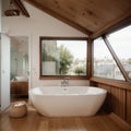 Elegant attic bathroom with stylish bathtub wooden floor and balcony door