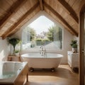 Elegant attic bathroom with stylish bathtub wooden floor and balcony door Royalty Free Stock Photo