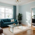 Elegant living room with teal blue wall with molding and room behind white and glass wall with big baseboard Royalty Free Stock Photo