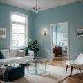 Elegant living room with teal blue wall with molding and room behind white and glass wall with big baseboard Royalty Free Stock Photo