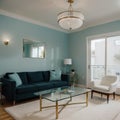 Elegant living room with teal blue wall with molding and room behind white and glass wall with big baseboard Royalty Free Stock Photo