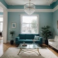 Elegant living room with teal blue wall with molding and room behind white and glass wall with big baseboard Royalty Free Stock Photo