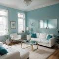 Elegant living room with teal blue wall with molding and room behind white and glass wall with big baseboard Royalty Free Stock Photo