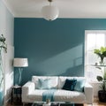 Elegant living room with teal blue wall with molding and room behind white and glass wall with big baseboard Royalty Free Stock Photo