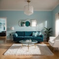 Elegant living room with teal blue wall with molding and room behind white and glass wall with big baseboard Royalty Free Stock Photo