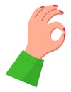 Elegant woman s hand shows Ok. Red polish, green clothes. Gesturing. Flat vector illustration