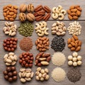 The image emphasizes the variety and richness of nuts and seeds Royalty Free Stock Photo