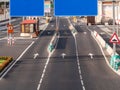 Image of empty lanes on highway and blank road signs. Place for your text. Copy space Royalty Free Stock Photo