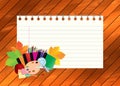 Image of empty note, card, paper, with school supplies, equipment, accessories, items, tools. Cartoon illustration on wooden backg