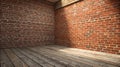 An image of an empty room featuring a red brick wall as the backdrop and a wooden floor in the foreground Royalty Free Stock Photo