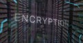 Image of encryption text, binary codes and circuit board pattern over server room Royalty Free Stock Photo