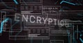Image of encryption text over graphs, loading bars, circles and binary codes on black background Royalty Free Stock Photo