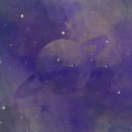 An image of endless dark space with stars and nebulae. Contour of the planet Saturn with foggy rings. Night sky background or Royalty Free Stock Photo