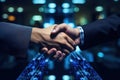 Image of enterprise collaboration, two people shaking hands. Generative AI