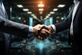 Image of enterprise collaboration, two people shaking hands. Generative AI