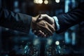 Image of enterprise collaboration, two people shaking hands. Generative AI