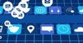 Image of envelopes over social media icons on blue background Royalty Free Stock Photo