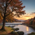 Epic Autumn landscape image of River Brathay in Lake District lookng towards Langdale Pikes with fog across river and Royalty Free Stock Photo