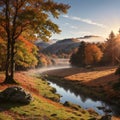 Epic Autumn landscape image of River Brathay in Lake District lookng towards Langdale Pikes with fog across river and Royalty Free Stock Photo