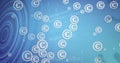 Image of euro currency signs in circles and computer language on blue background
