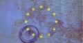 Image of european union flag over map of europe and compass