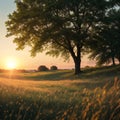 Evening sun above the horizon in green meadow. Sunset in field in June. Sun rays shine through trees and Royalty Free Stock Photo