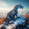image of an evil medieval blue dragon on snow-covered mountain cliffs against the backdrop of a winter valley