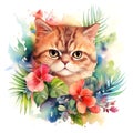 Image of an exotic shorthair cat head with colorful tropical flowers on white background. Pet. Animals